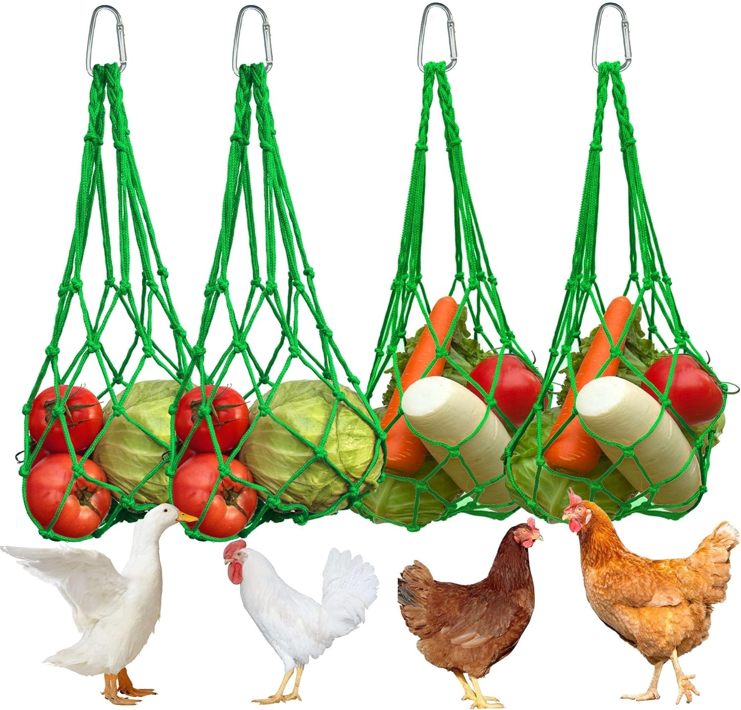 Chicken Vegetable Fruit Hanging Feeder 4Pcs Reusable String Bag W/ Hook Chicken