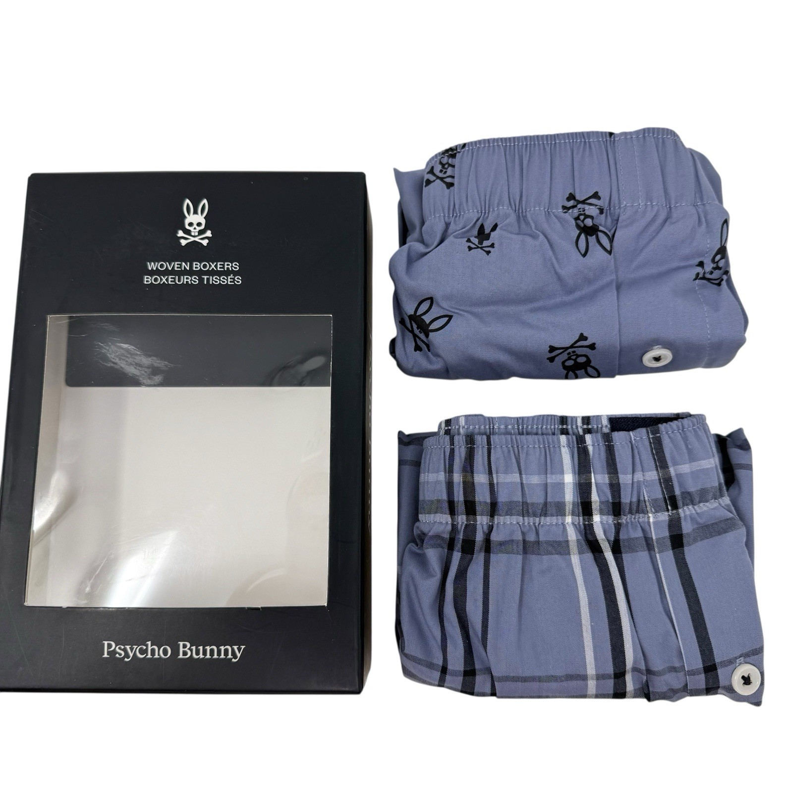 Psycho Bunny Size Medium 2 PACK  Logo Cotton Woven Boxers Shorts Blue Print NWT