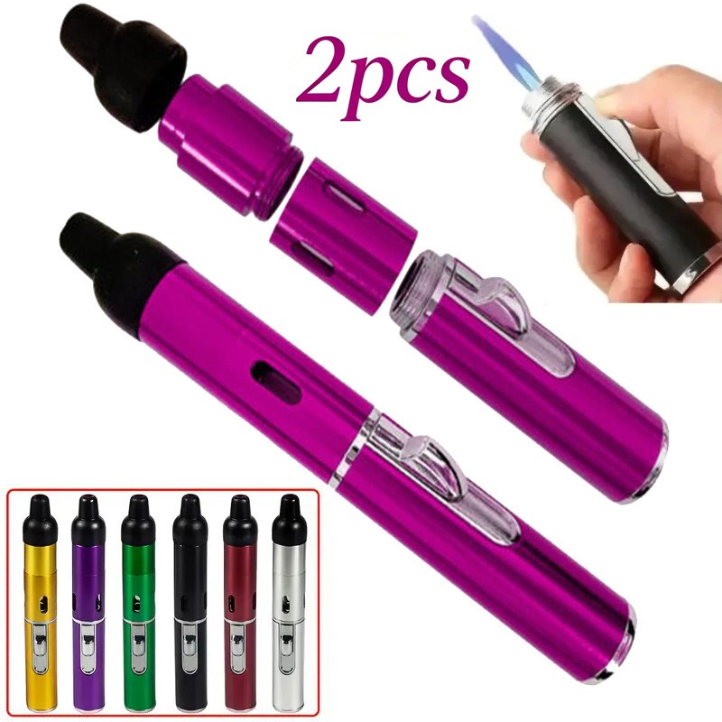 2pcs All-in-1 Pipe Windproof Click Butane Refillable Torch Lighter Click-N-Hit