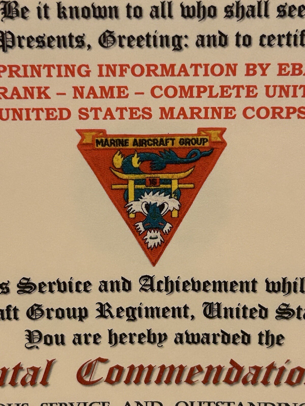 U.S.M.C. / 16TH MARINE AIRCRAFT GROUP- REGIMENTAL COMMENDATION AWARD CERTIFICATE