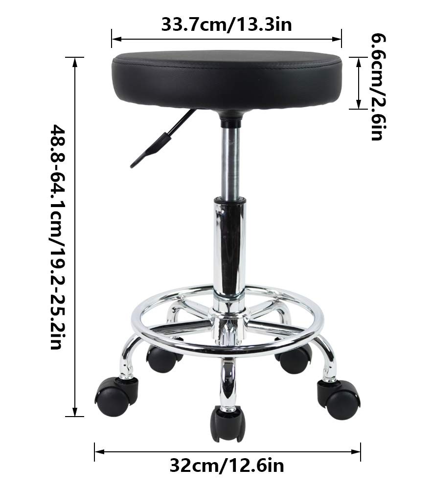 Leather Round Rolling Stool with Foot Rest Swivel Height Adjustment