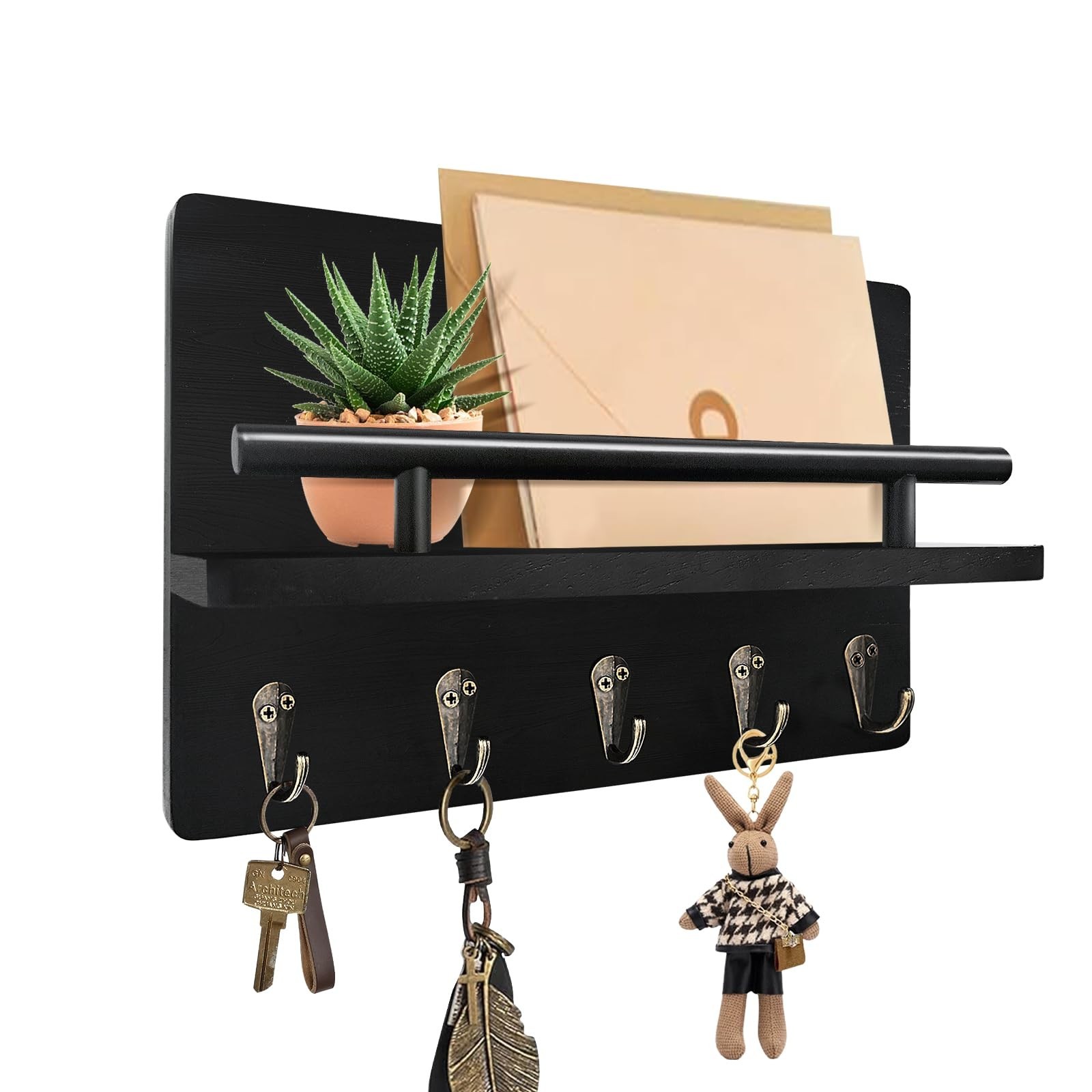 Key Holder Wall Mount, Decorative Key Rack with Shelf & 5 Sturdy Hooks, Rusti...