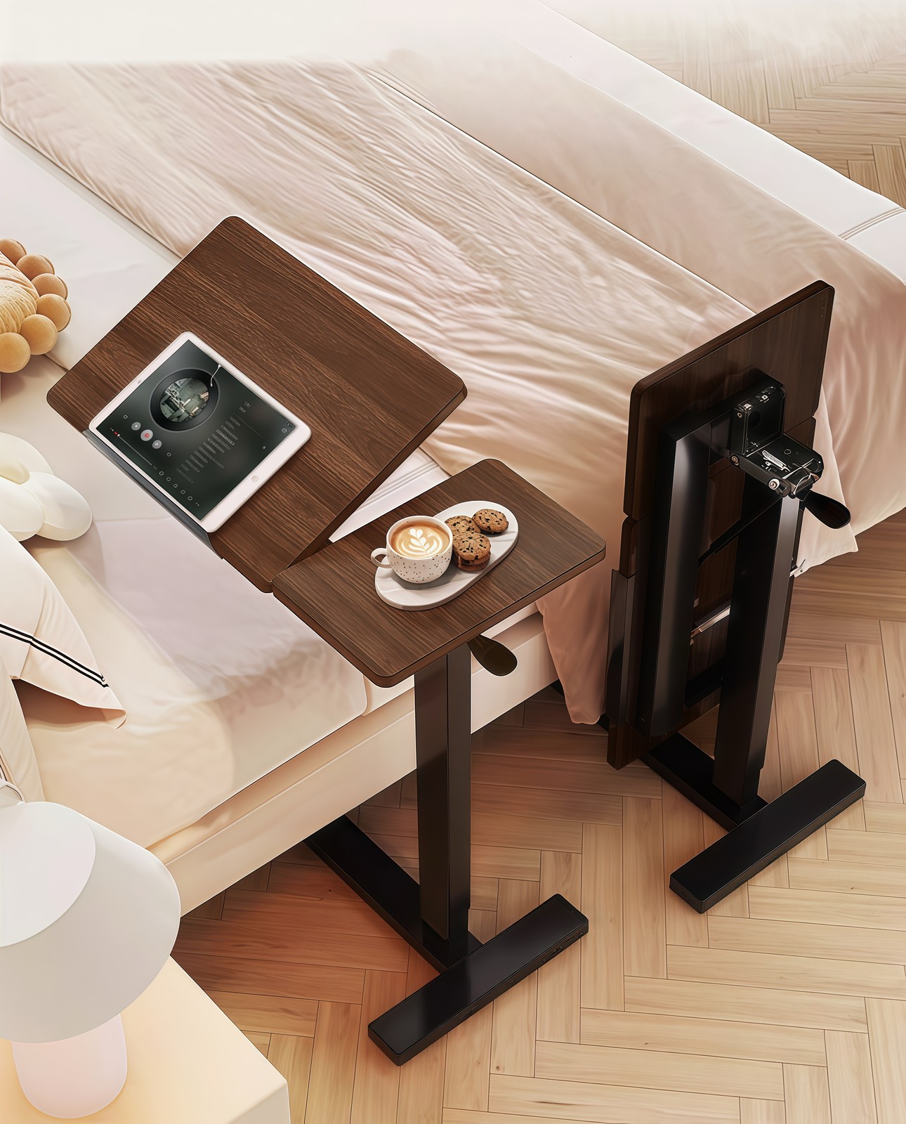 Overbed Bedside Desk, Adjustable Rolling Laptop Stand Tray Table, Walnut