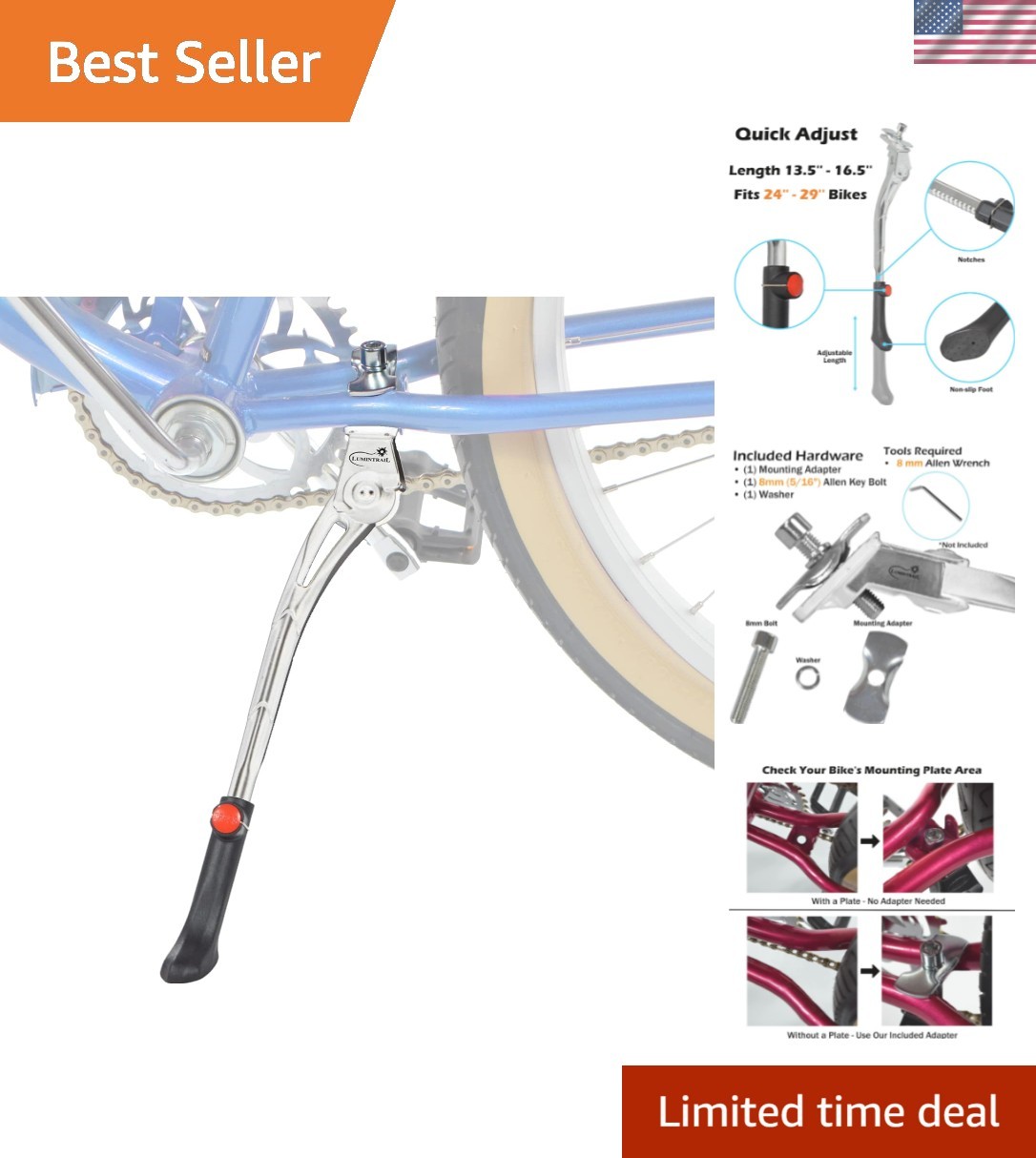 Universal Fit Silver Kickstand - Quick Adjust for Adult Mountain & Cruiser Bikes