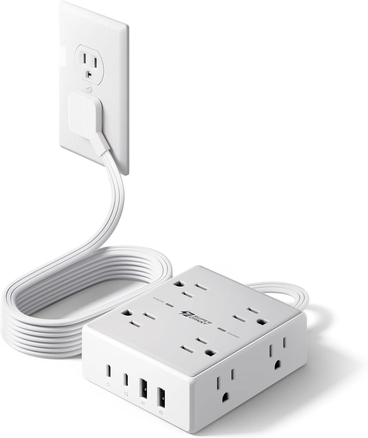 6Ft Flat Plug Power Strip 8 AC 4 USB Surge Protector Extension Cord