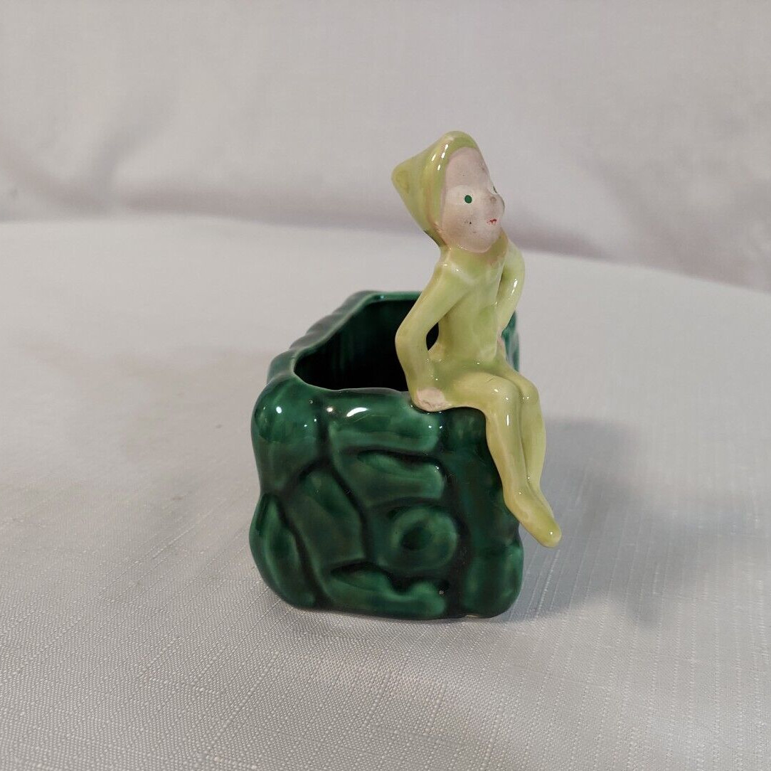 Adorable Vintage Green Pixie Elf Figurine Planter Container