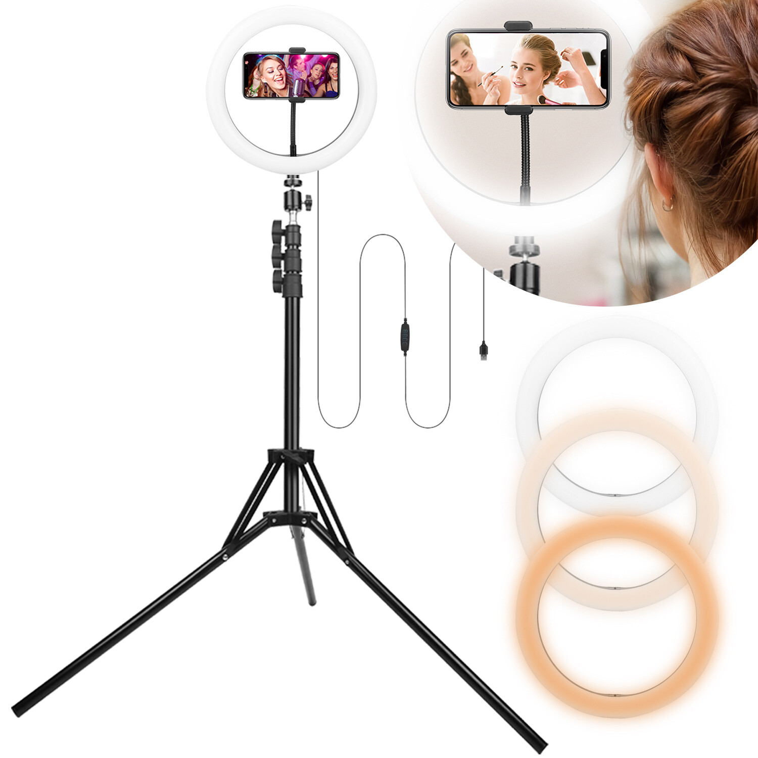 10'' Light with Tripod Stand Kit for Live Stream Makeup Universal Phone Holder