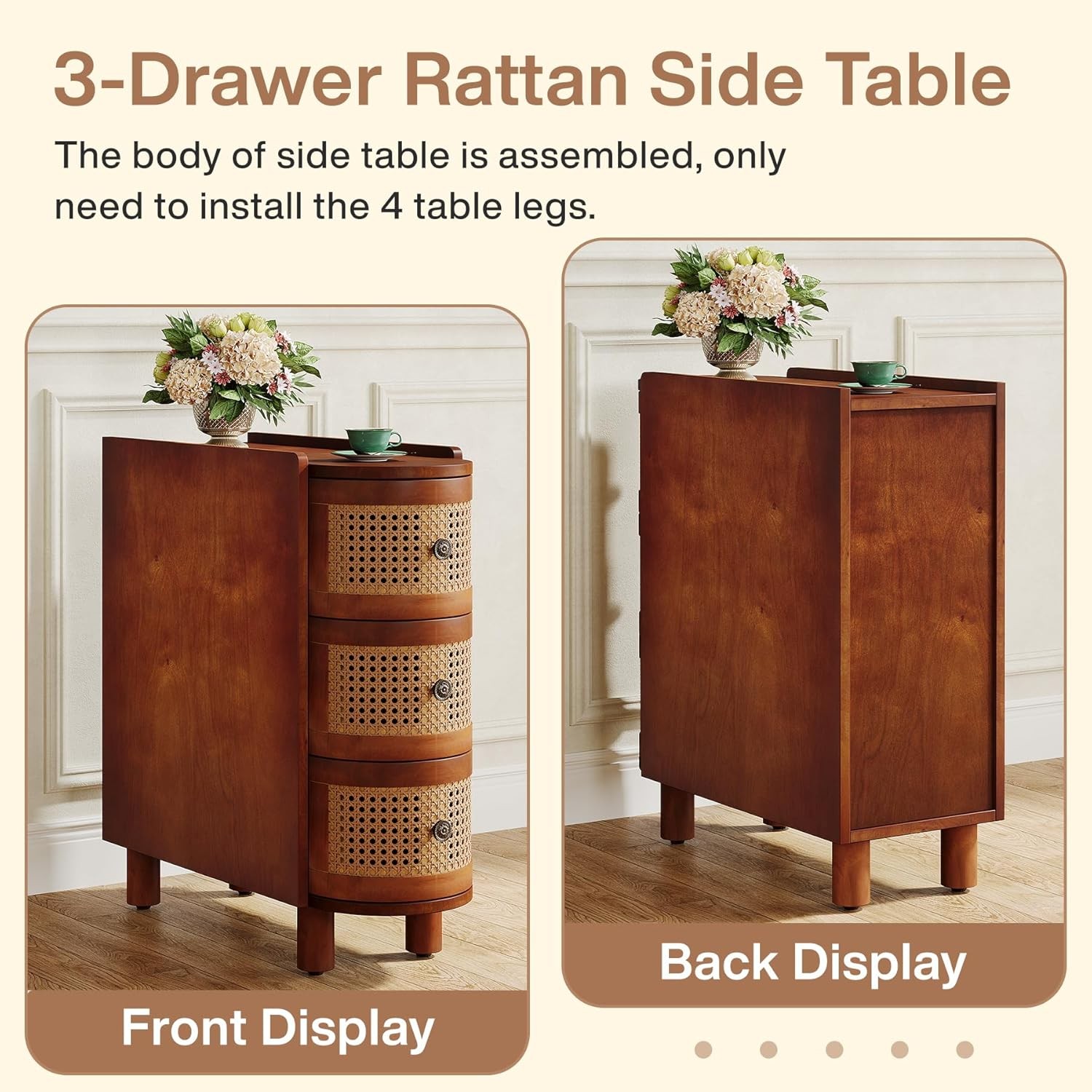 Solid Wood End Table with 3-Drawers, Fully Assembly Modern Rattan Side Table
