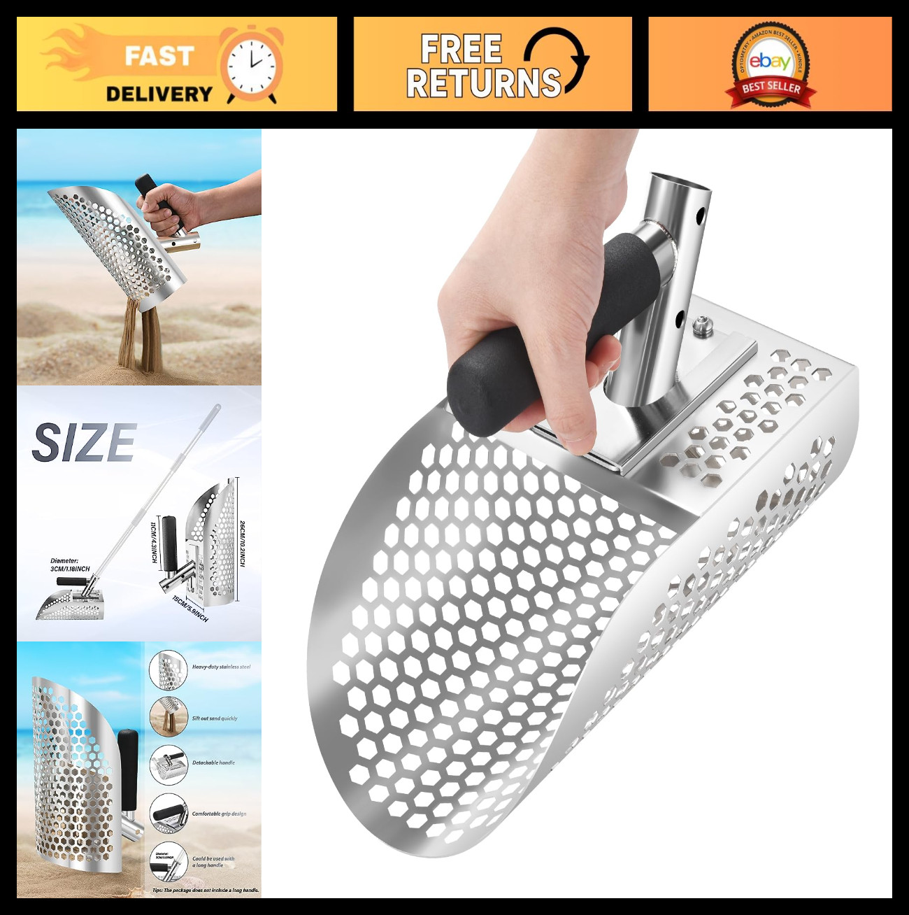 Heavy Duty Sand Scoop for Metal Detecting, Stainless Steel Beach Finds Tool, Fas