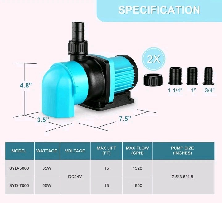 Aquarium 24V 1850GPH DC Water Pump with Controller Submersible and Inline Return