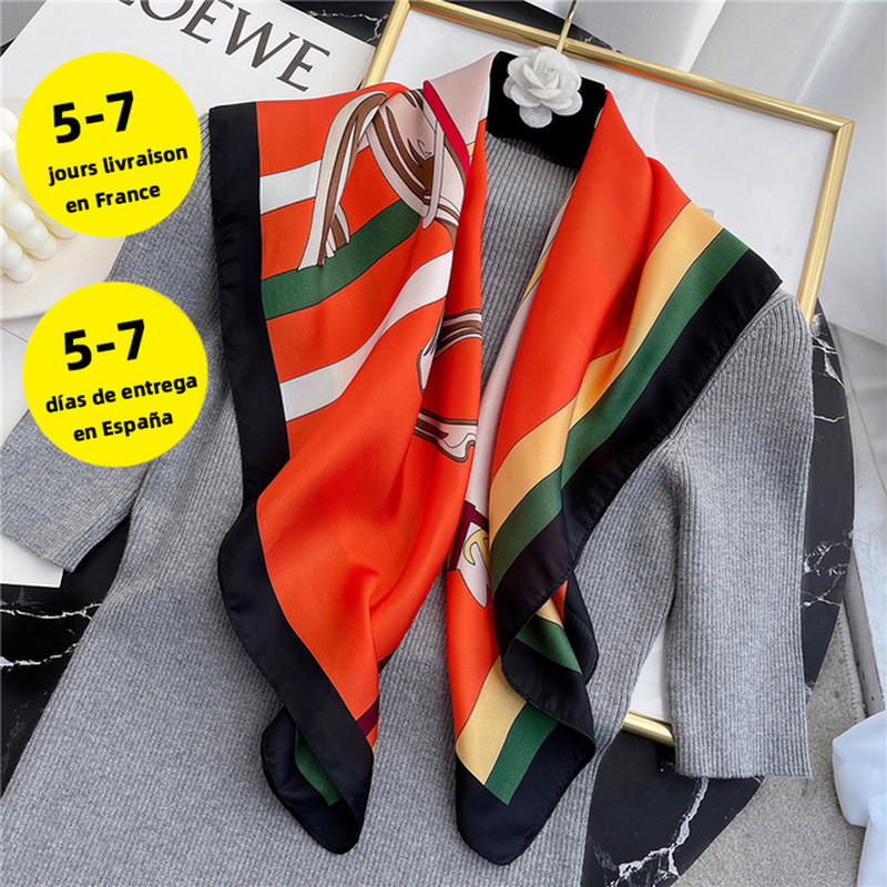 2022 Spring Square Scarf for Women Design Chain Print Silk Feeling Hair Band Fou