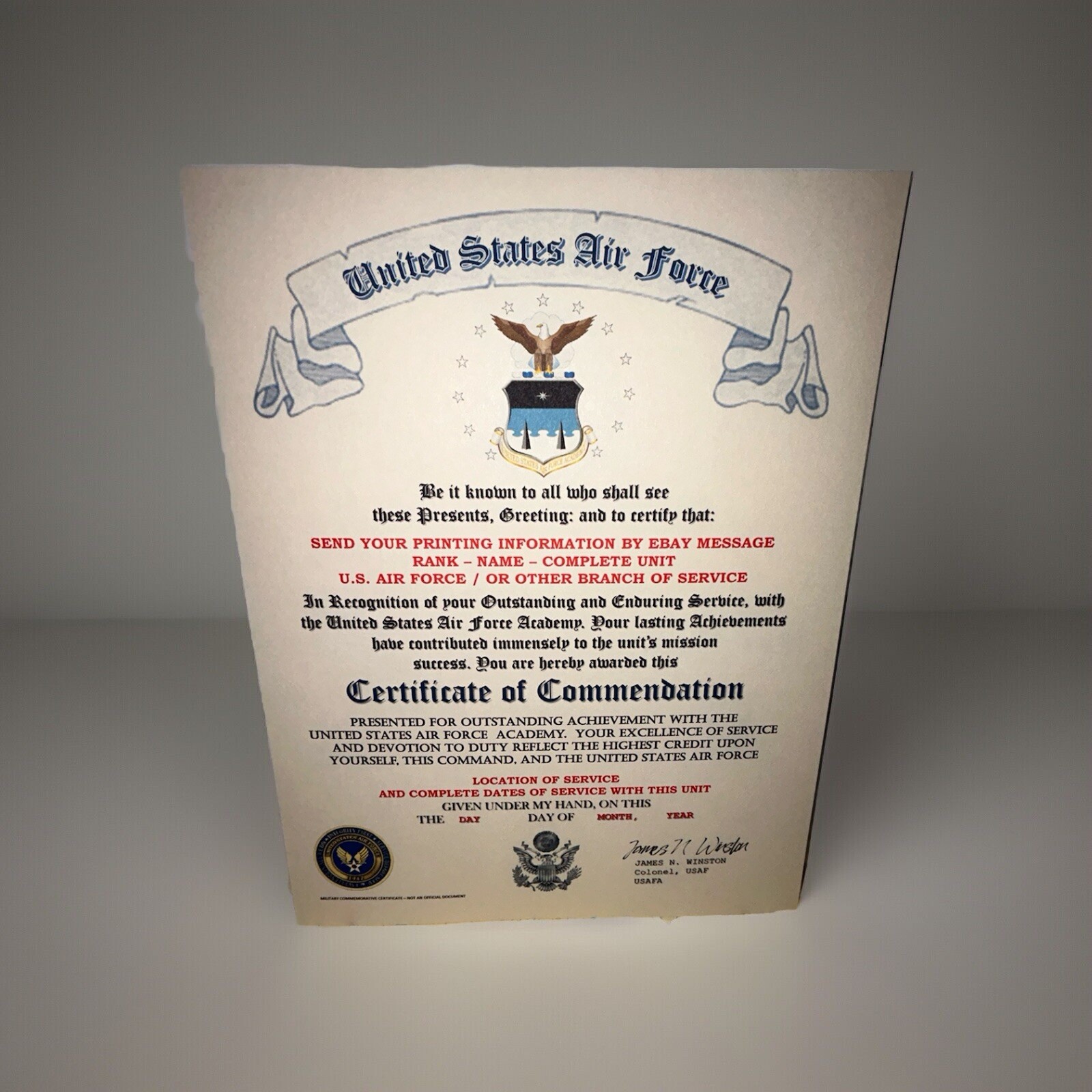 U.S.A.F. / UNITED STATES AIR FORCE ACADEMY - CERTIFICATE OF COMMENDATION