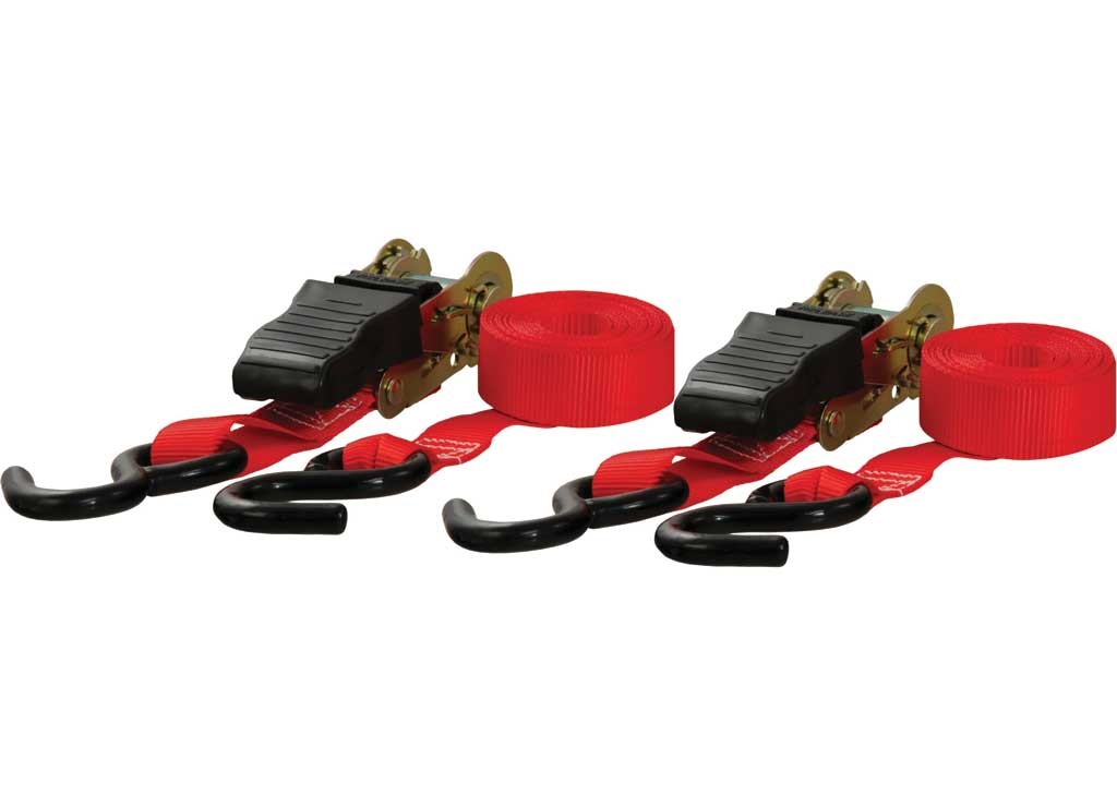 Curt 83001 (2 Pack)Ratchet Strap 1500/500 10' X 1" Red w/Rubber Coated S-Hooks