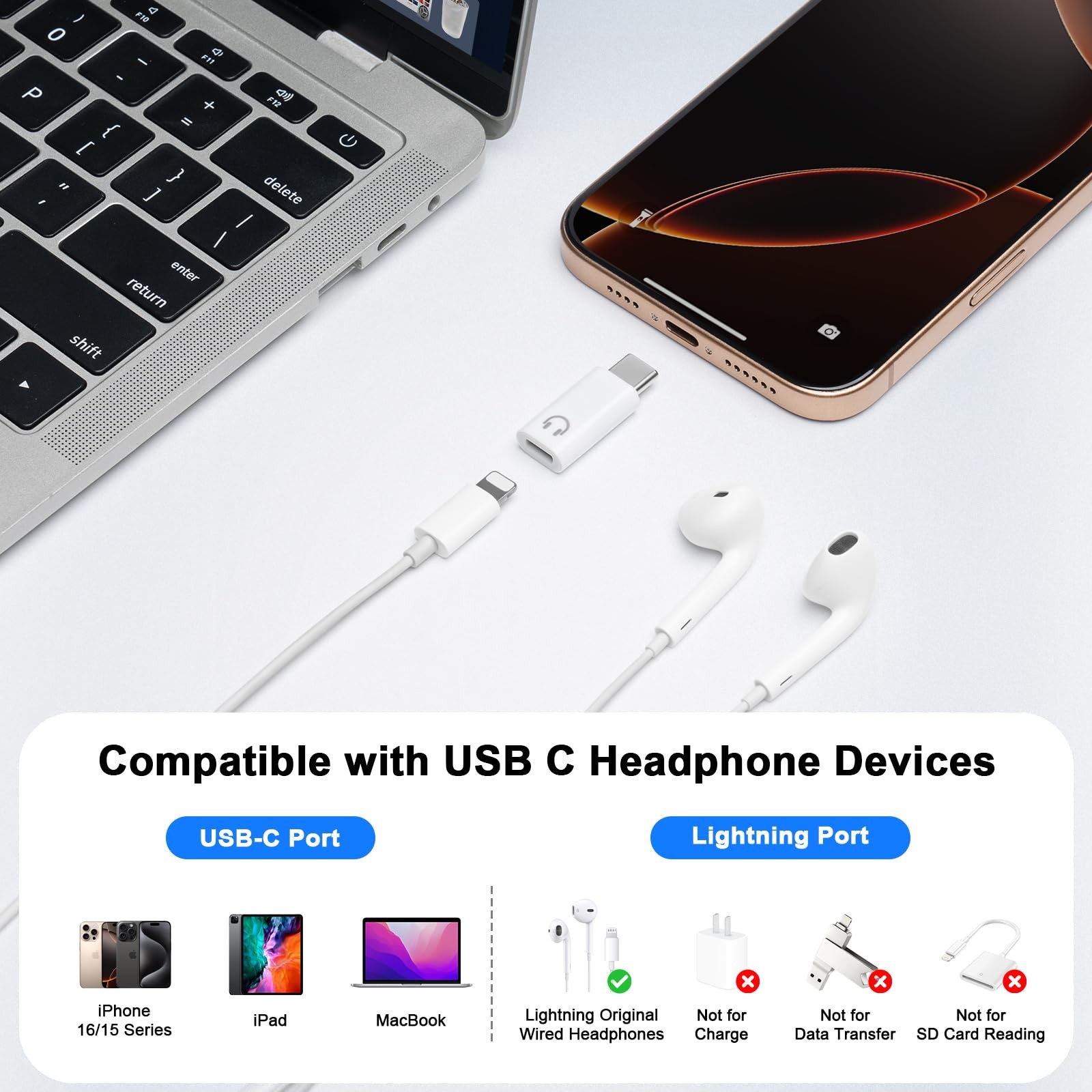 BORLTER CLAMP Lightning to USB C Adapter for Headphones Support Line...