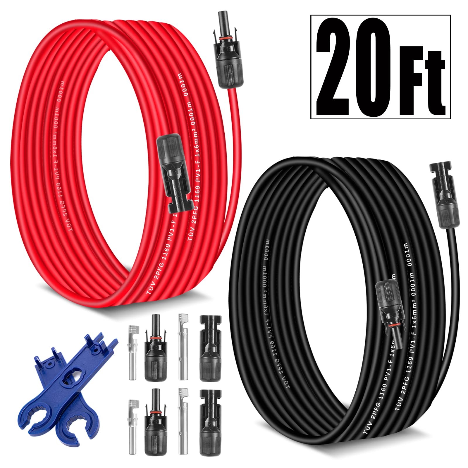 AAKL Solar Extension Cable 20ft 10AWG Red/Black PV Panel Wire