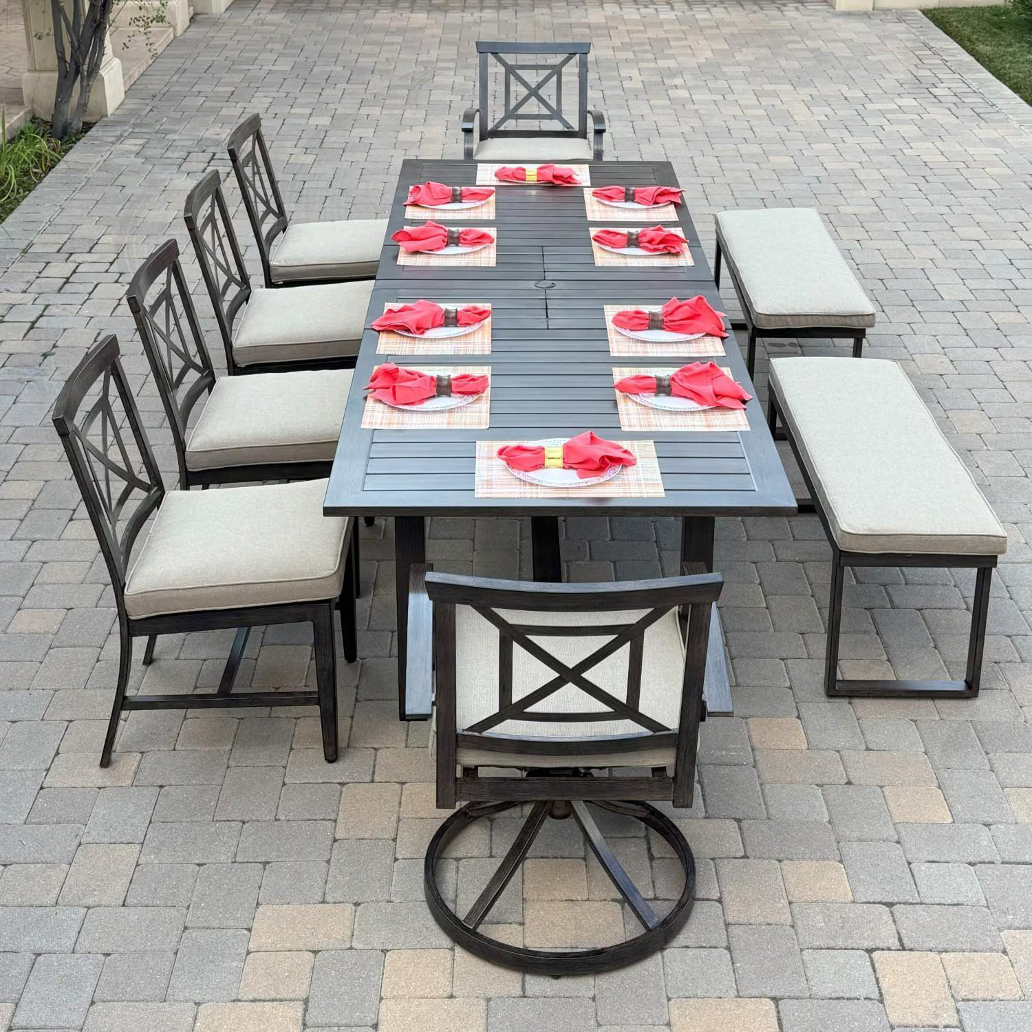 Atlantis 9 Pc Aluminum Dining Set 4 Dining Side Chairs, 2 Swivel Rocker Dining