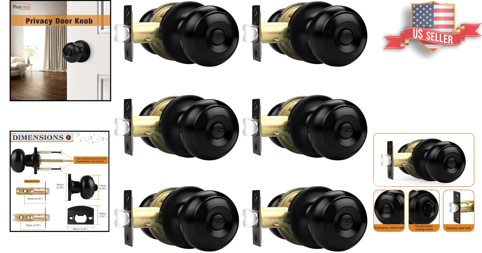 Durable 6 Pack Matte Black Interior Door Knobs - Perfect for Bedrooms/Bathrooms