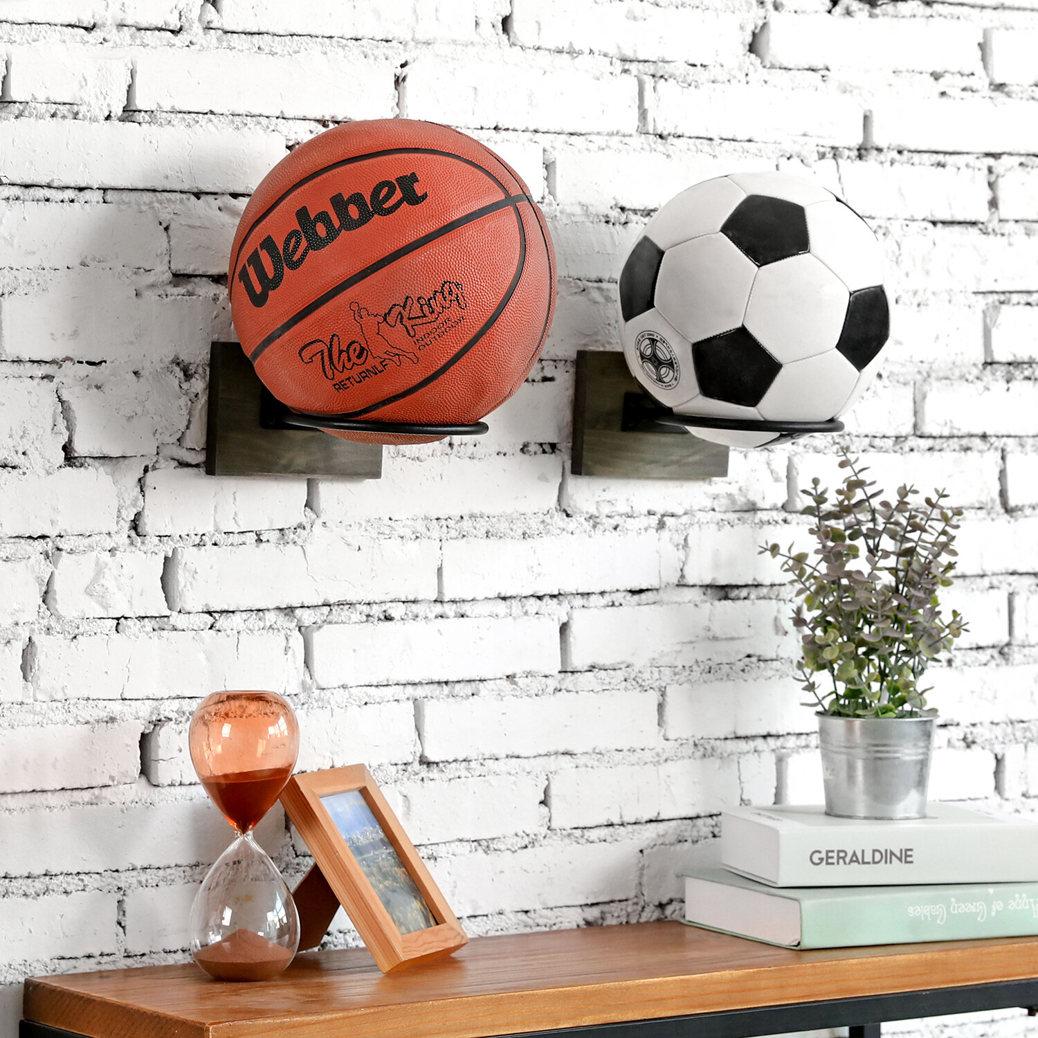 Wall Mounted Gray Wood / Black Metal Gym Sports Ball Basketball Display Rack