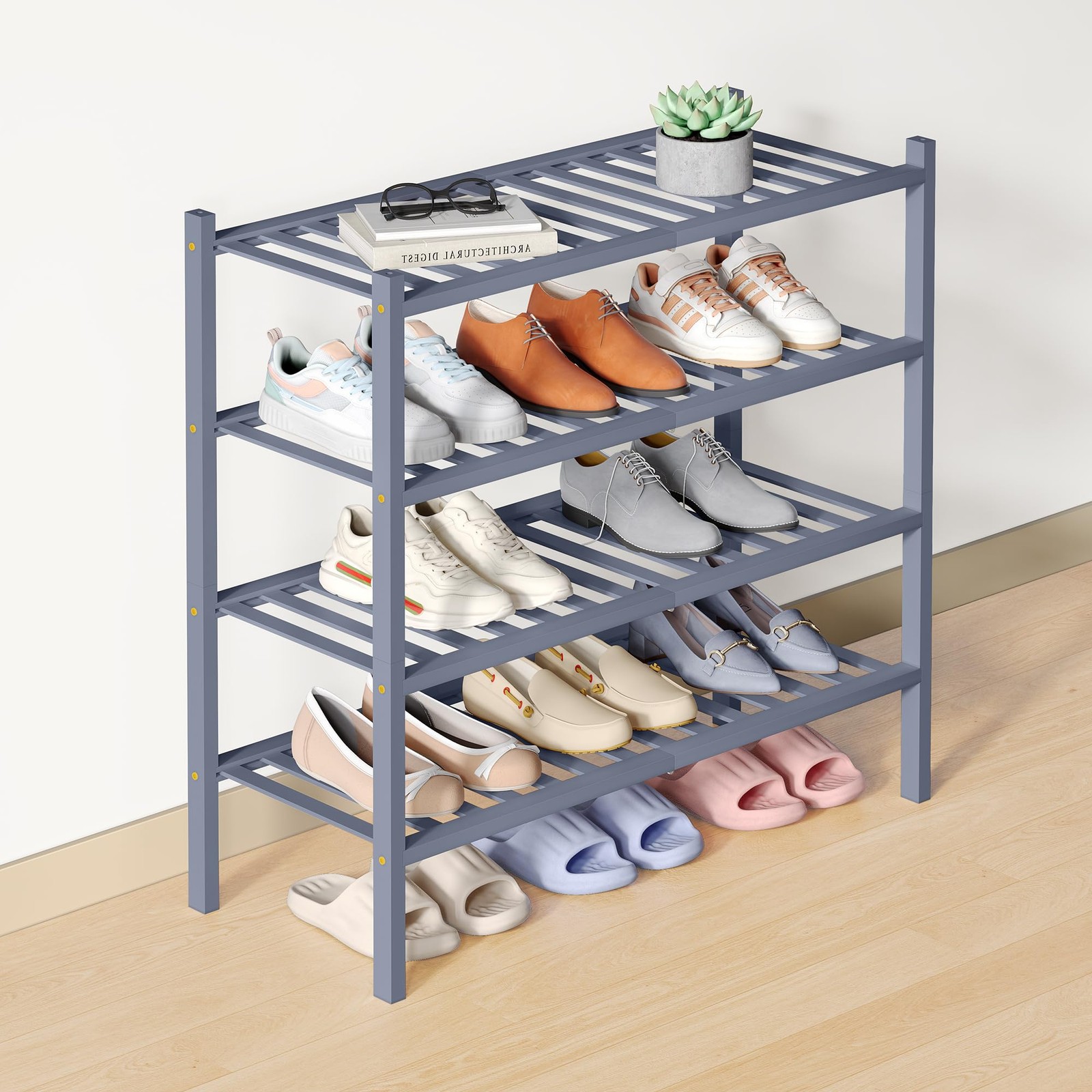 Bamboo Shoe Rack for Closet, 4 Tier Wooden Stackable Shoe Organizer, Free Sta...