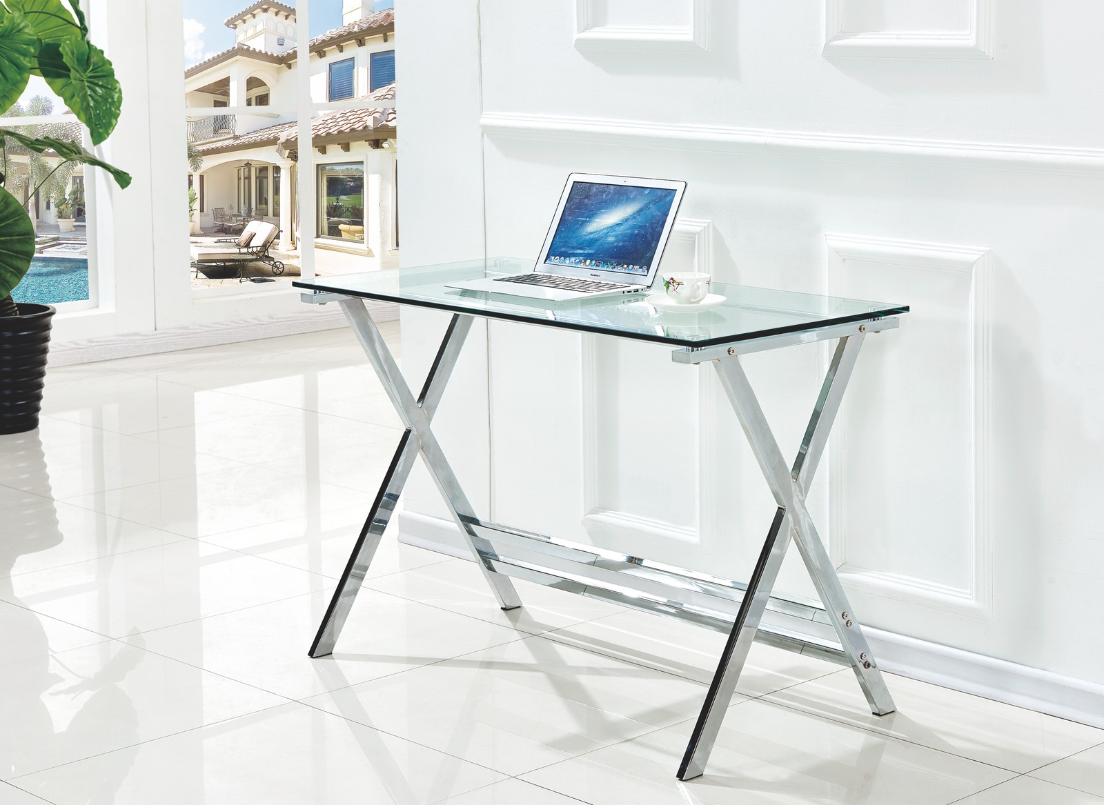 Glass Computer Desk, Transparent Tempered  Glass Laptop Table with Rounded Edge