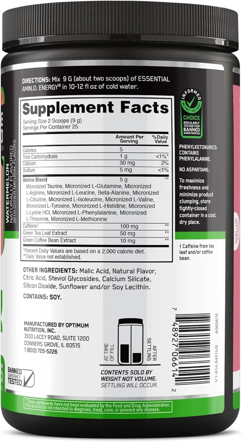 Amino Energy Optimum Nutrition 25 Servs Keto Caffeine BCAA - Watermelon CLUMPY