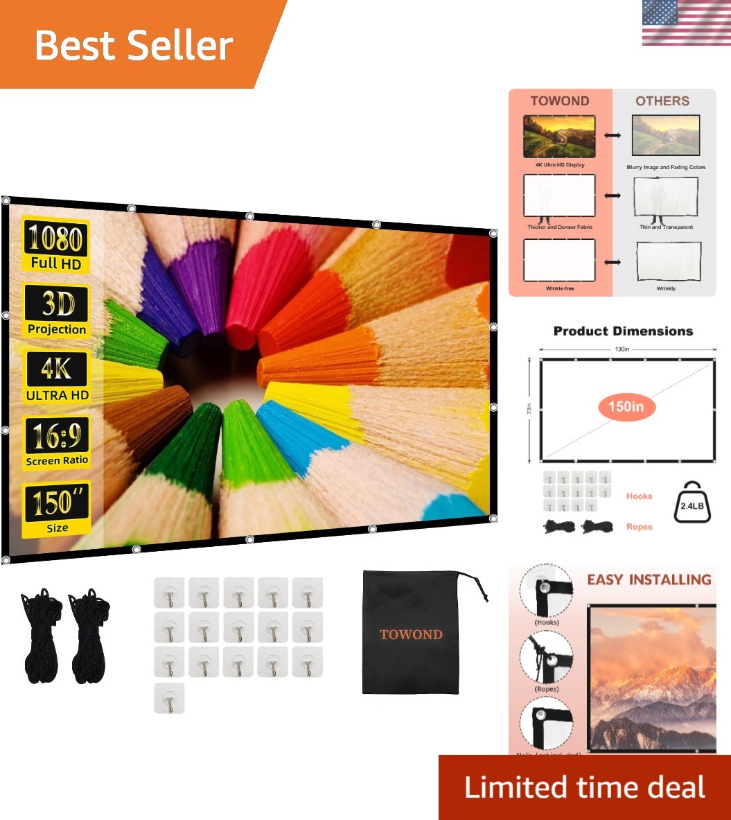 16:9 HD Projection Screen - 160° Viewing Angle, Easy to Install & Clean