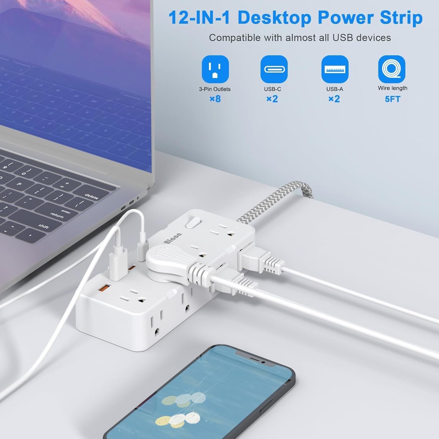Power Strip Surge Protector - Multi Plug Outlet Adapter with 8 Widely...