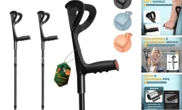 Forearm Canes Lightweight Arm Crutch Adjustable Ergonomic Black(1 pair)