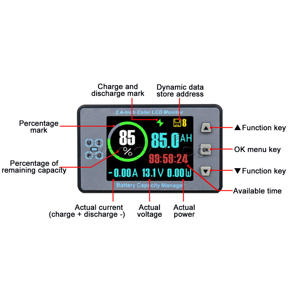 2.4 inch Bluetooth Voltage Current Capacity Meter Battery Coulometer DC 8-100V