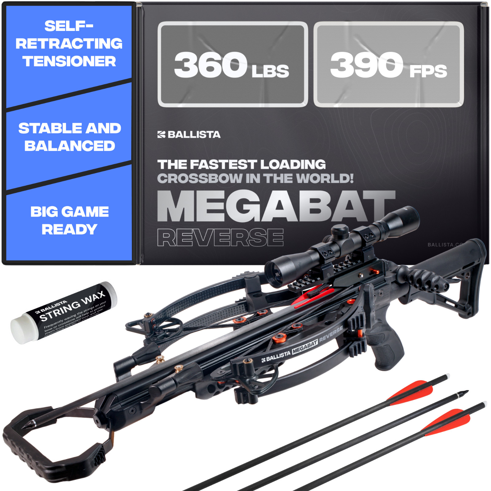 BALLISTA MegaBat Reverse Crossbow for Hunting & Fishing - 390 FPS, 360 lbs Draw