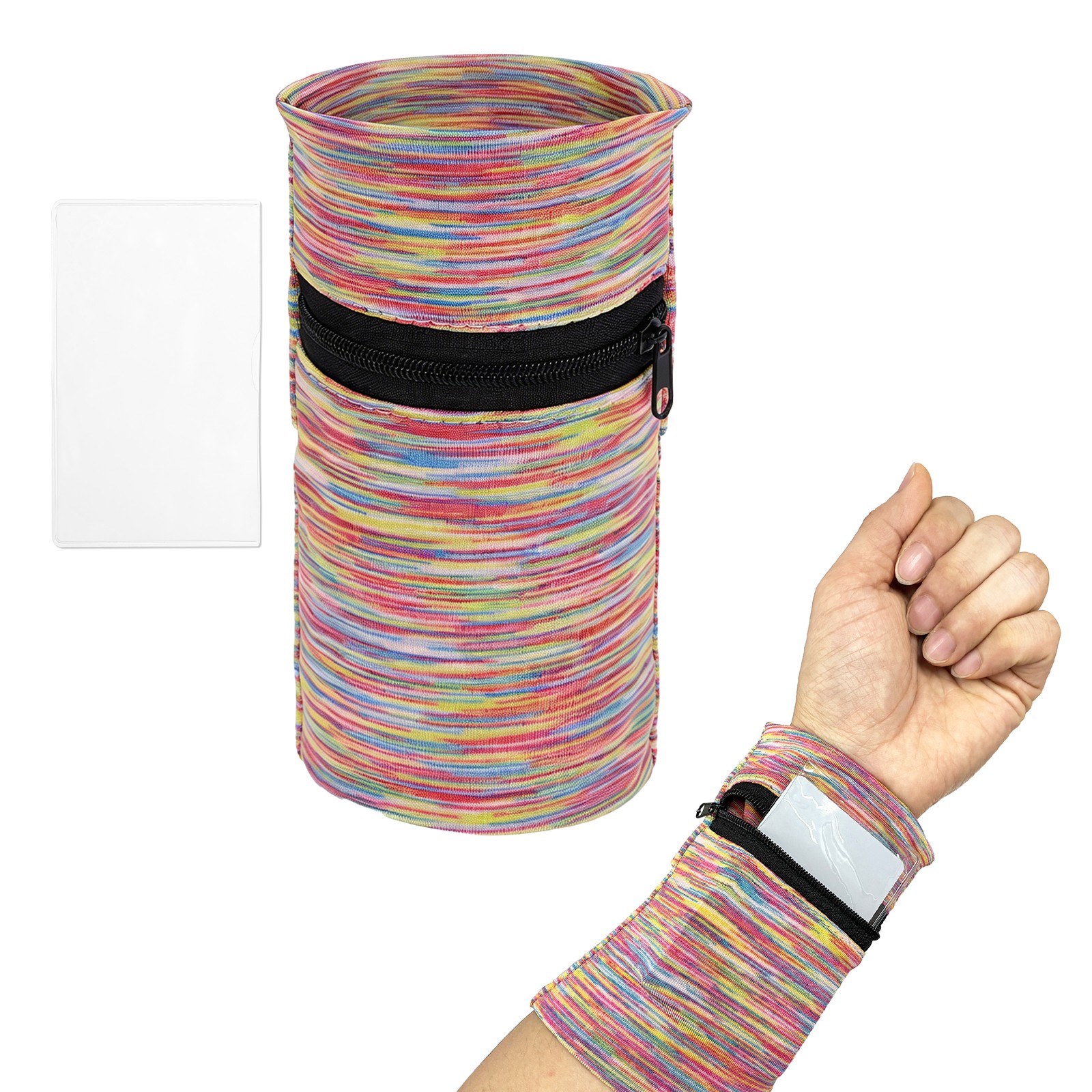 Wrist Pouch, Wrist Wallet Wristband with PVC Card Pouch Zipper &Rainbow Stripes