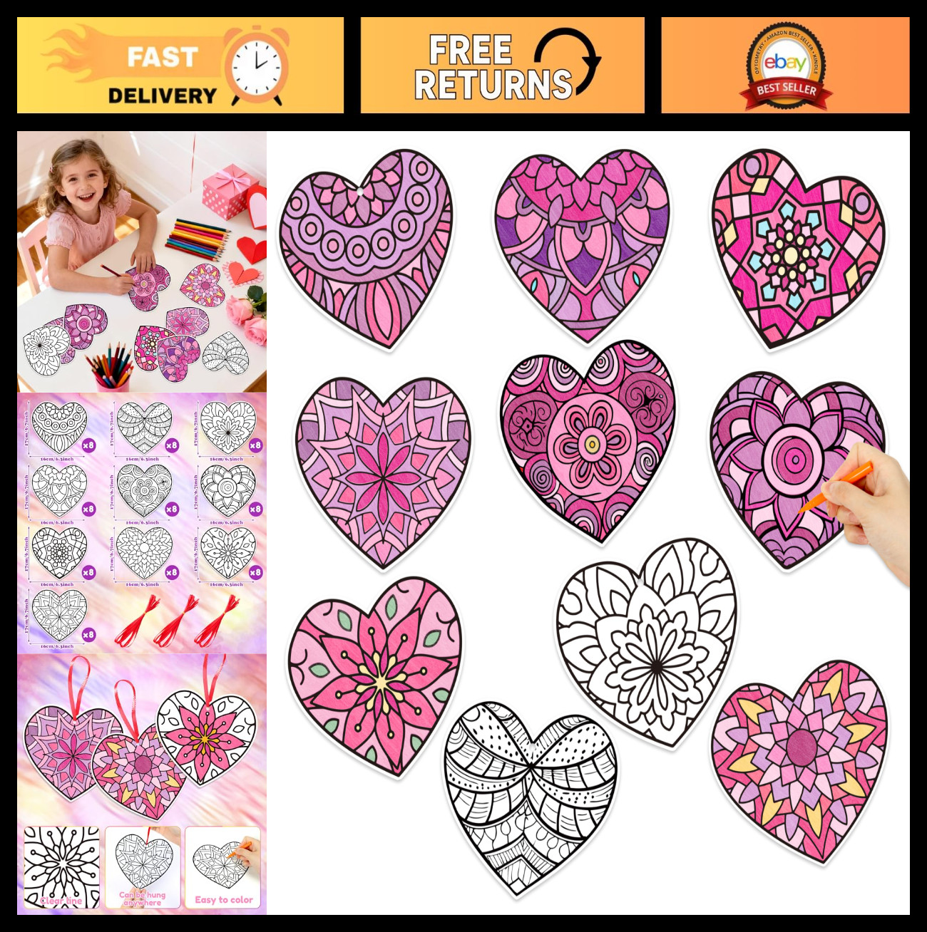 DIY Valentine Heart Craft Kit - 83Pcs Color Your Own Mandala Art for Kids, Party