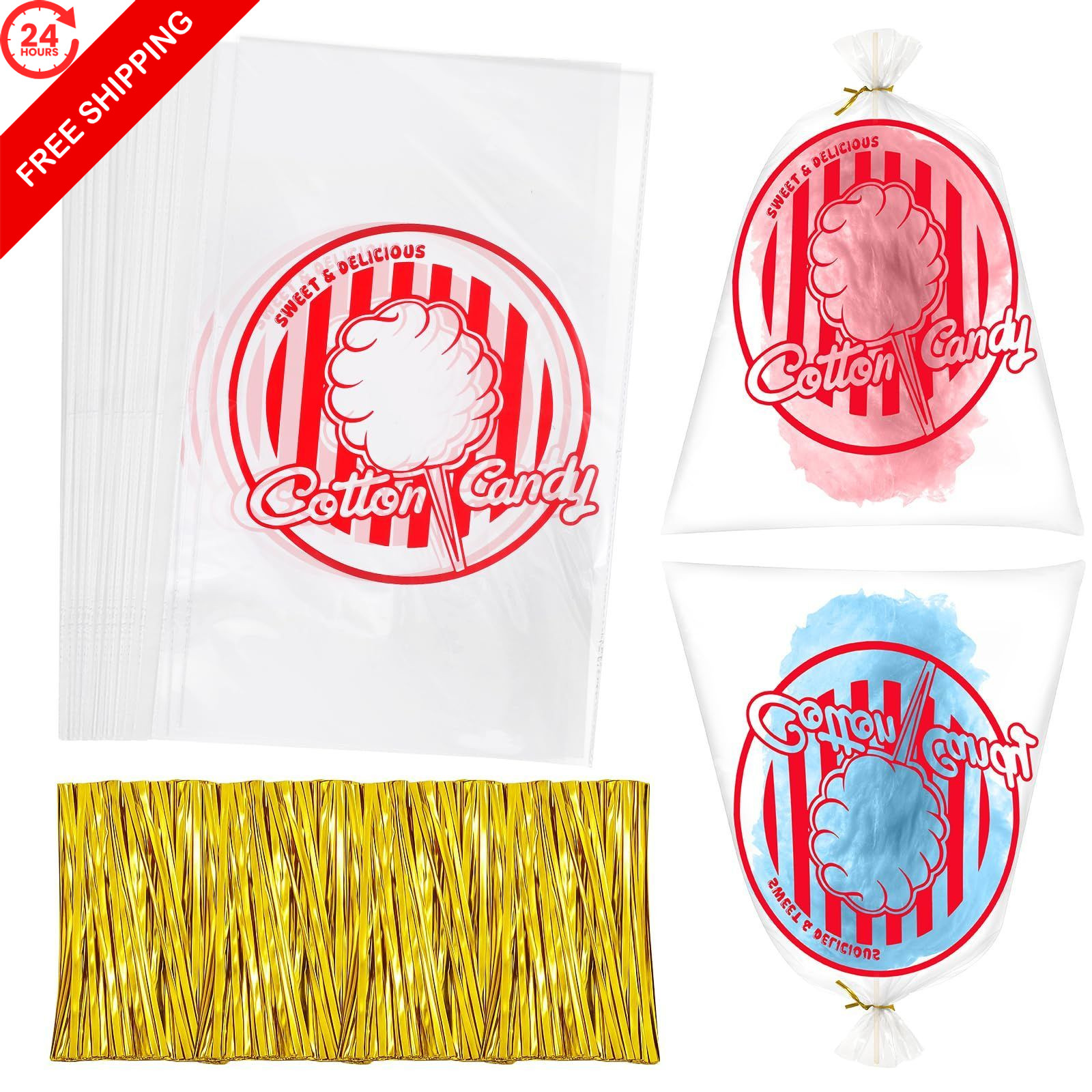 woric 120PCS Cotton Candy Bags with Ties 120 count (Pack of 1), Red 120Pcs
