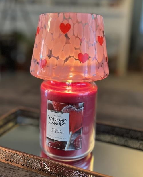 Yankee Candle LOVE Pink Speckled & Red Hearts Glass Candle Shade Jar Topper  NEW