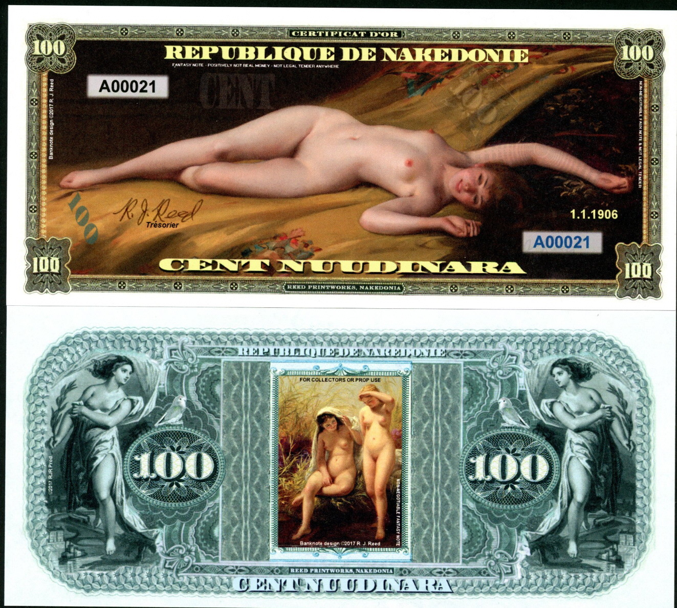 REPUBLIQUE DE NAKEDONIE 100 NUUDINARA BEAUTIFUL, NUDE LADIES FANTASY ART NOTE!