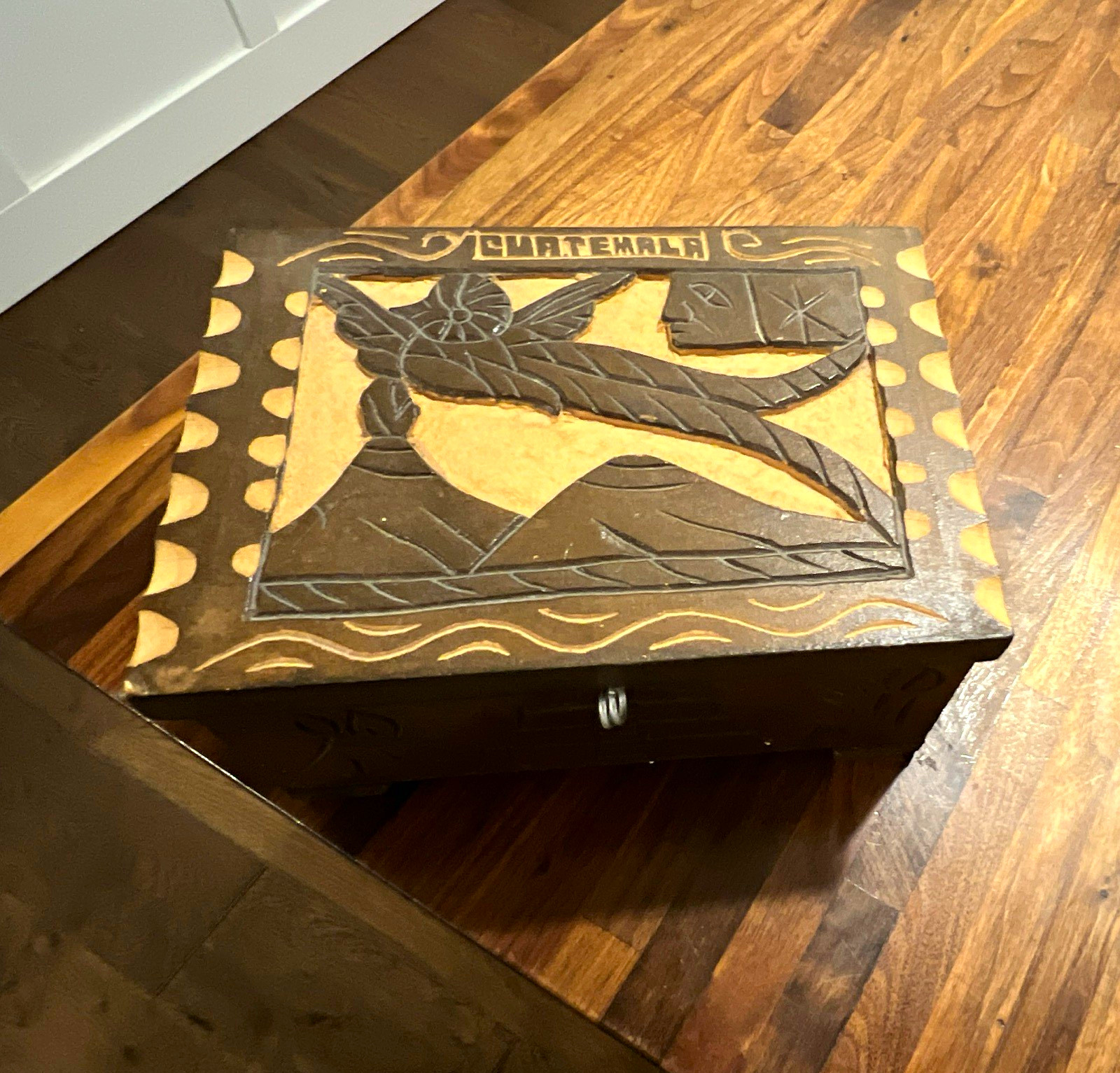 Vintage Guatemala Mayan Tribal Hand-Carved Wood Hinged Lid Storage Box