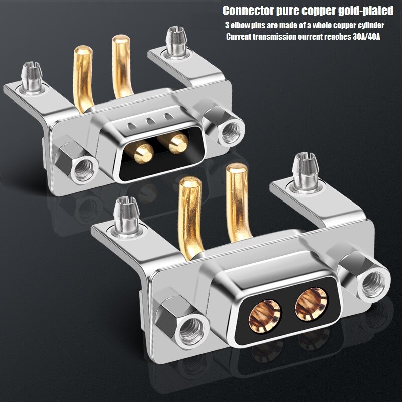 40A DB2 2V2/2W2 solid pin connector 2-pin core 90° angled foot solder plate plug