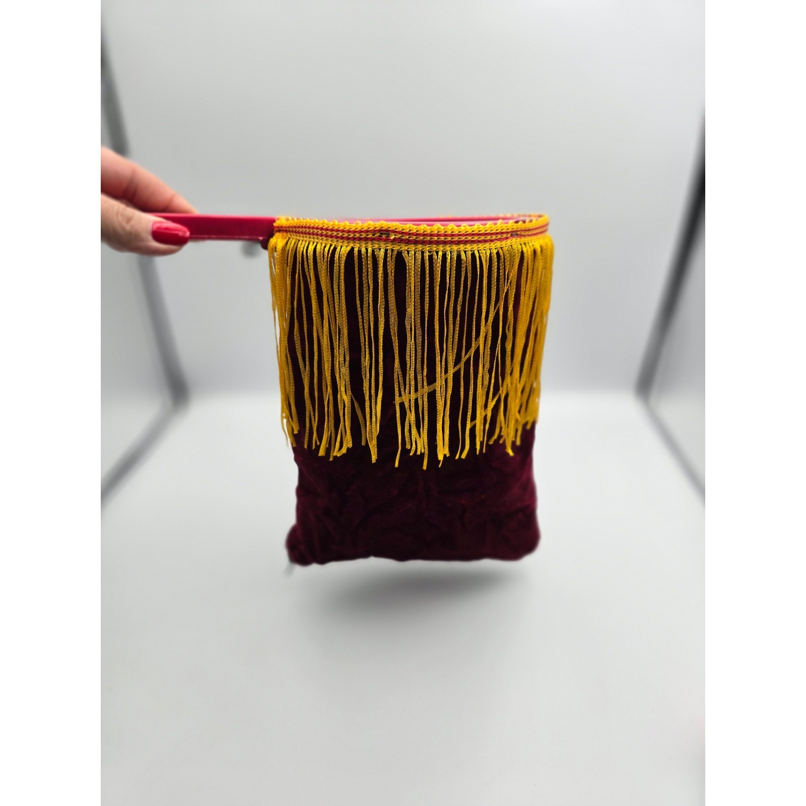 Magic Velvet Pouch Bag With Fringe Red Handle, Zipper bottom
