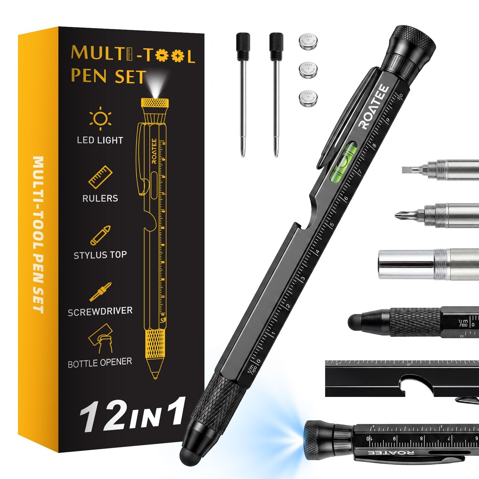 ROATEE Fathers Day Men Multi Tool Pen 12 in 1 Cool Stuff Gadgets Gift Black