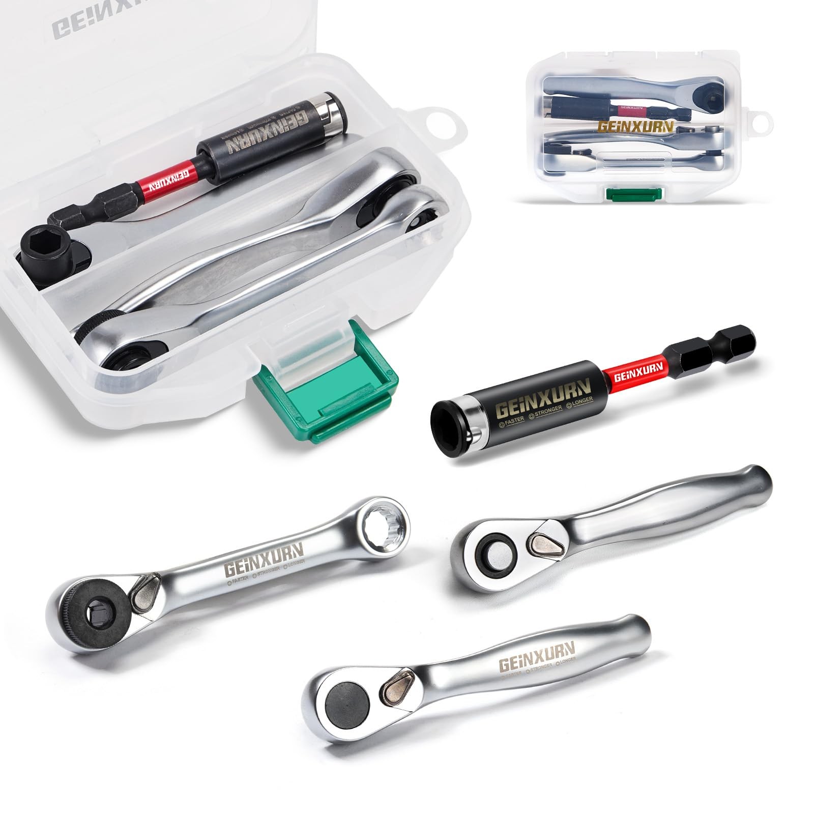 GEINXURN Mini Ratchet Wrench& Bit Holder Set 4 Pcs, 1/4" Drive Ratchet...