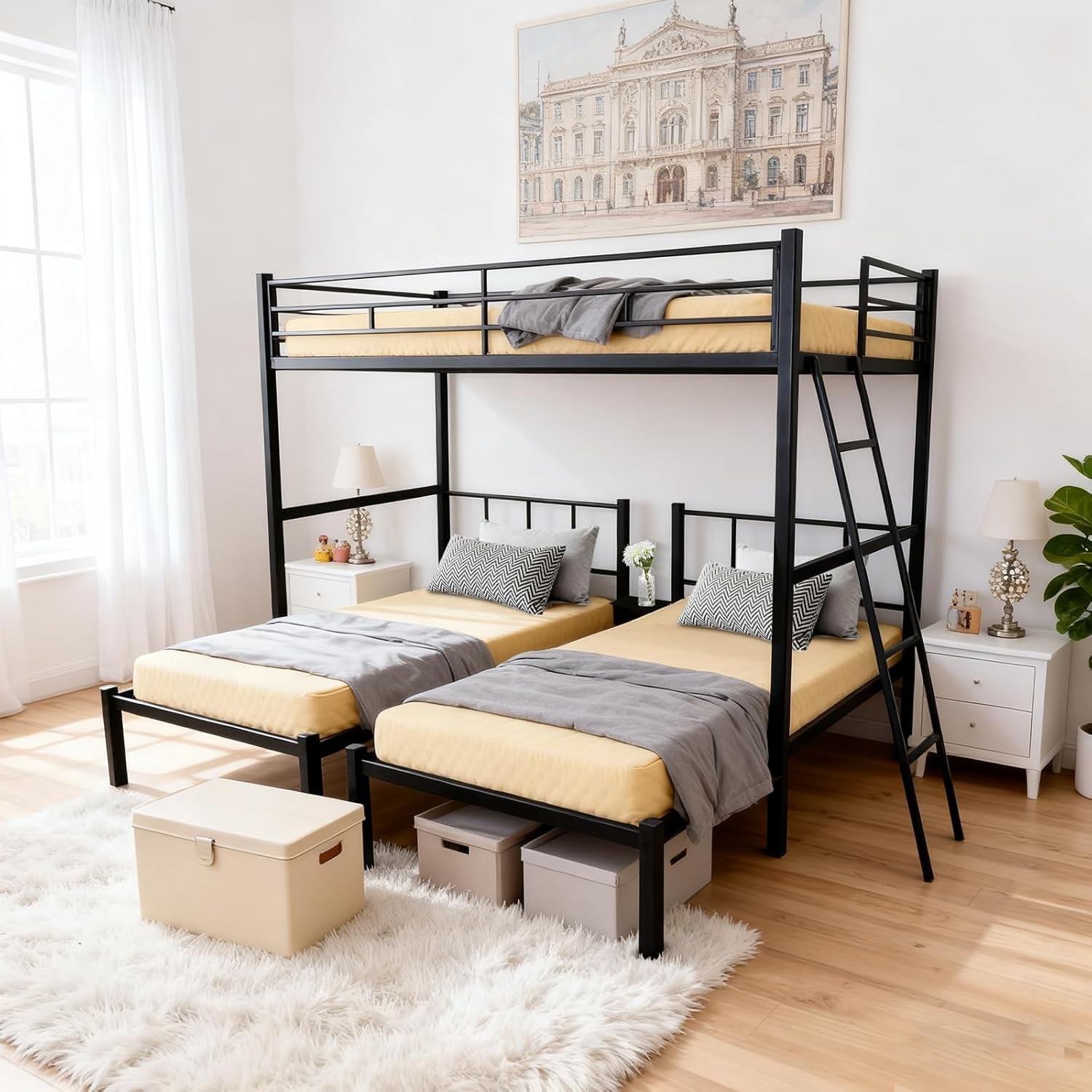 CXRCY Triple Bunk Bed Convertible to 3 Twin Beds w/Adjustable Ladder - Black