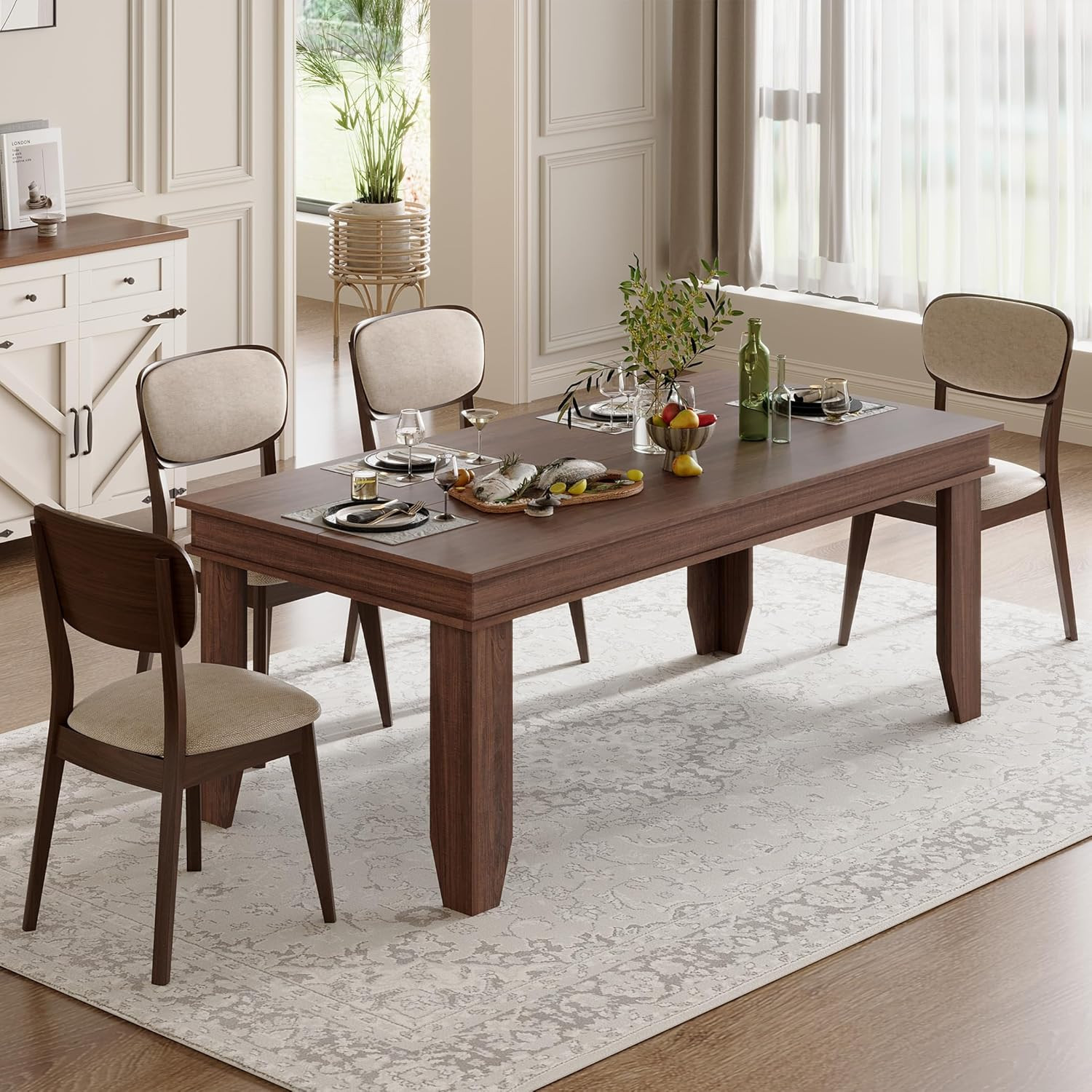 71" Farmhouse Dining Table for 8 - Sturdy Brown Wooden Kitchen Table