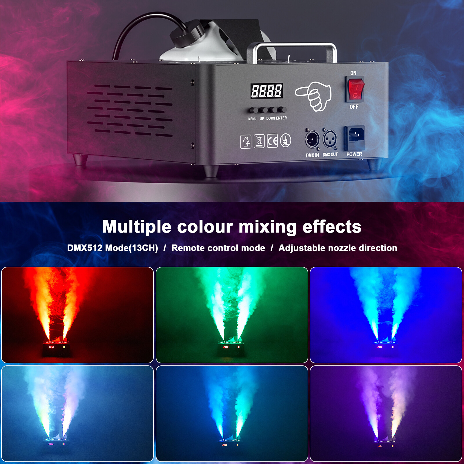 2000W 16LED Halloween Fog Machine RGB Light Smoke Effect RGB DMX Vertical Spray