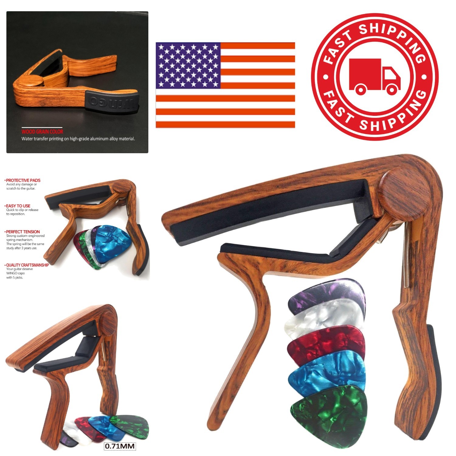 Easy Clip Guitar Capo Rosewood Finish with 5 Picks for Musicians of All Levels