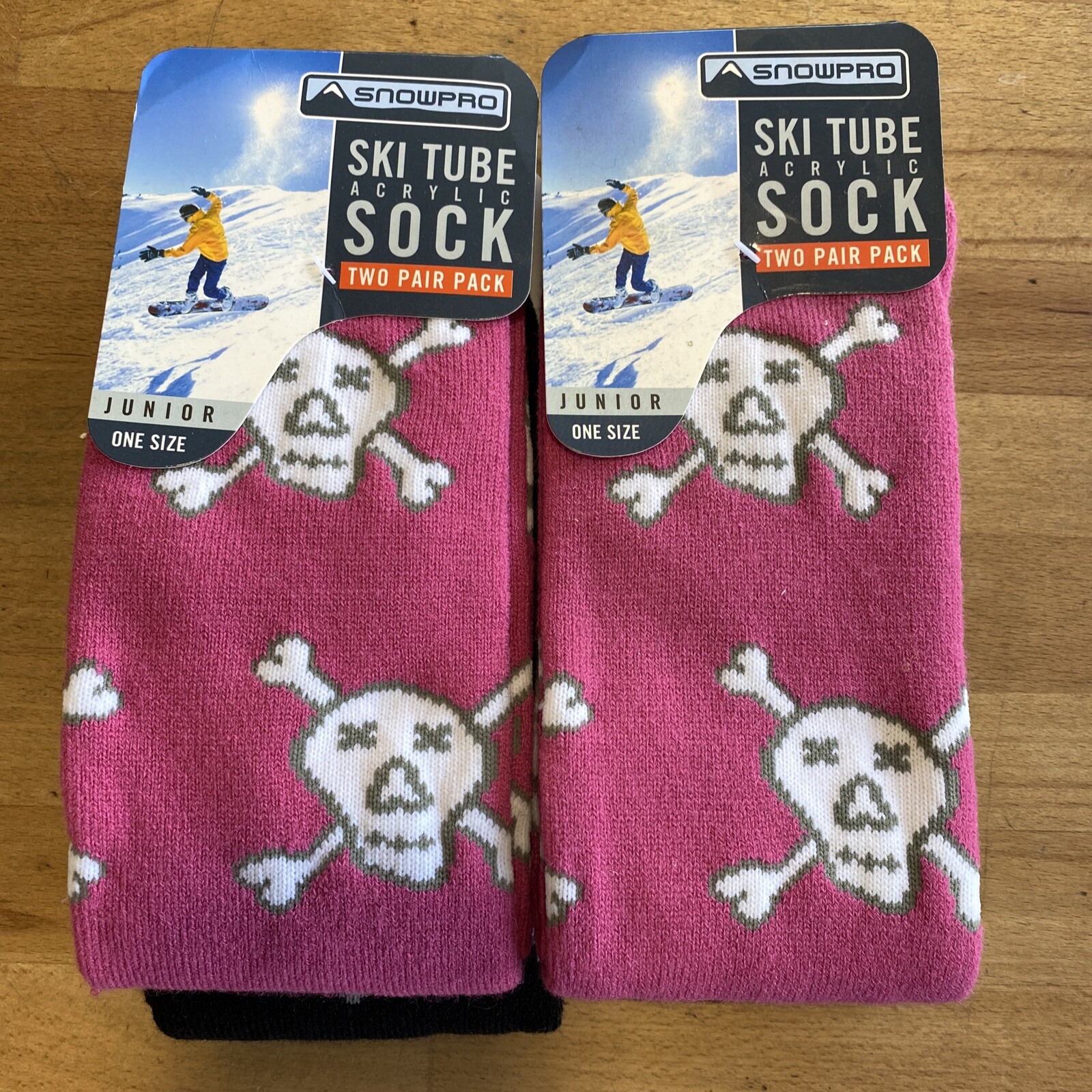 Junior Ski Socks Two Twin Pks Pink And black skulls. Tube socks Size 12 to 5 UK