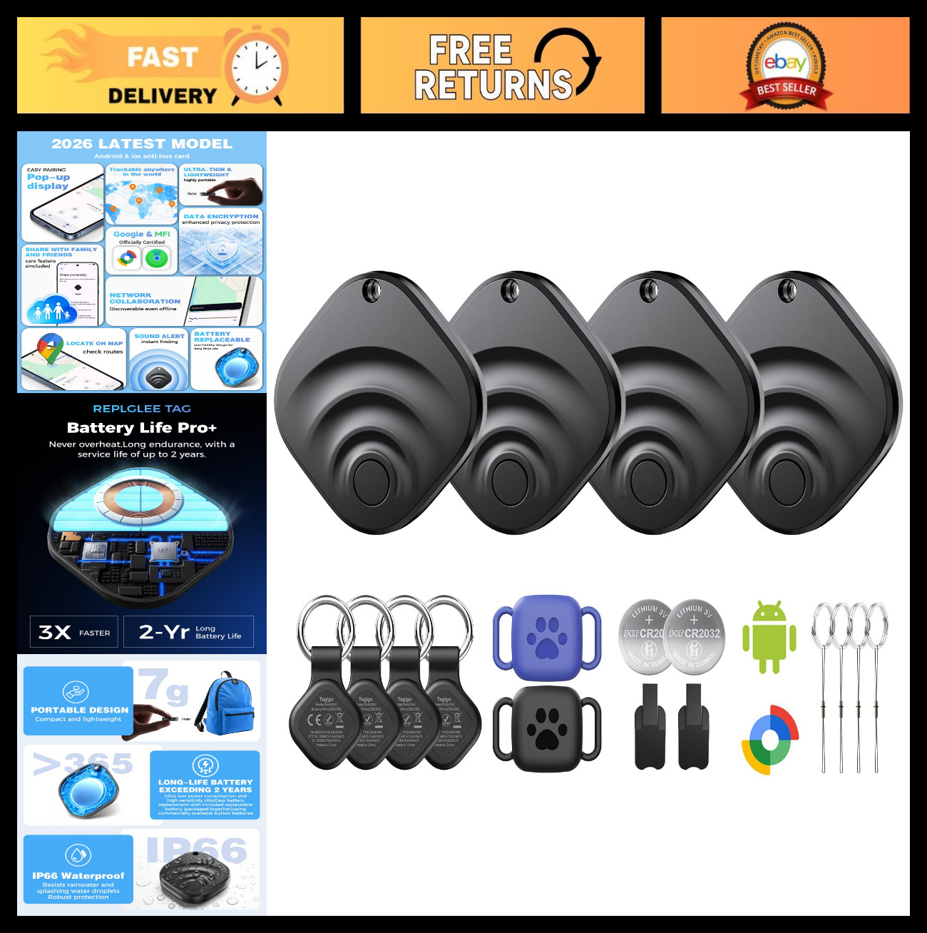 4 Pack Air Tags for Android - IP66 Waterproof Luggage Tracker, 2 Year Battery Li
