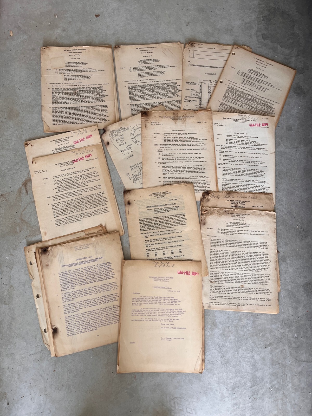 Aviation Document Lot:  Warner Aircraft Service Letters & Diagrams 1940s WWII