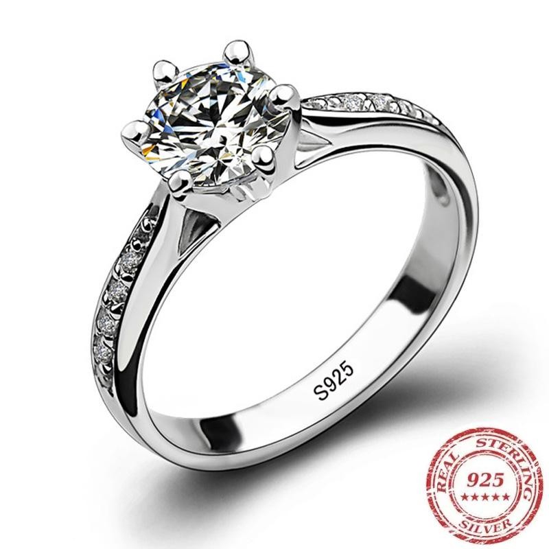 Luxury 925 Sterling Silver Classic Ring for Women Six Claw Jewelry Simple