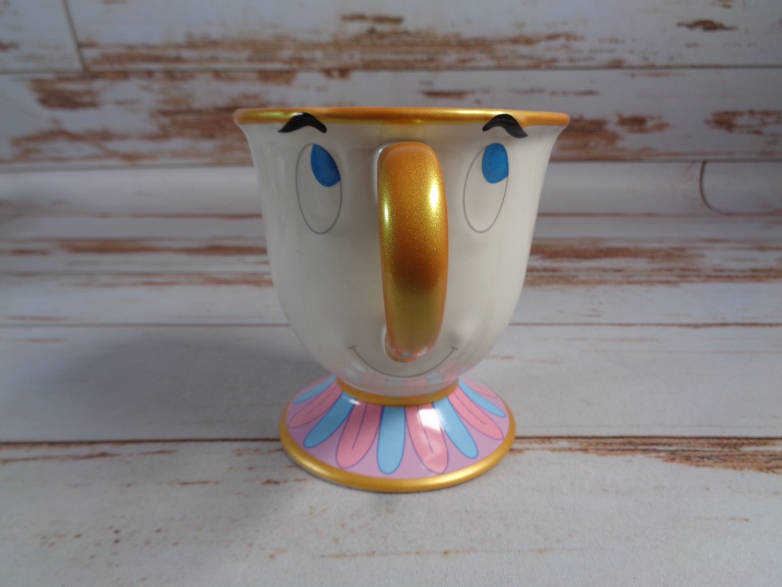 Disney Parks Beauty and the Beast Chip Ceramic Mug 4.5" H x 4" Gold Rim
