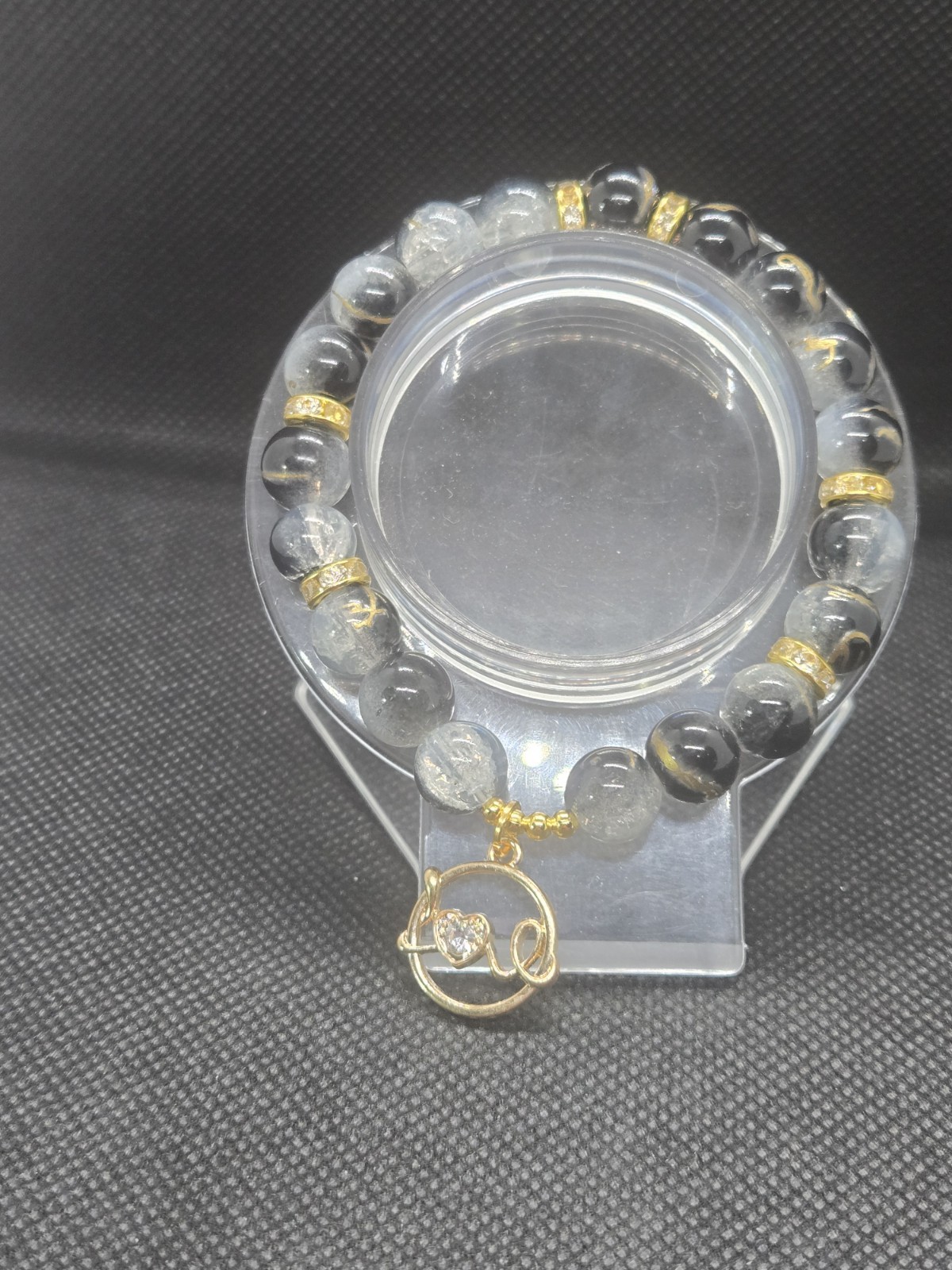 Handcrafted Clear Crackle Half Painted Black, Gold Line Design, Love Pendant